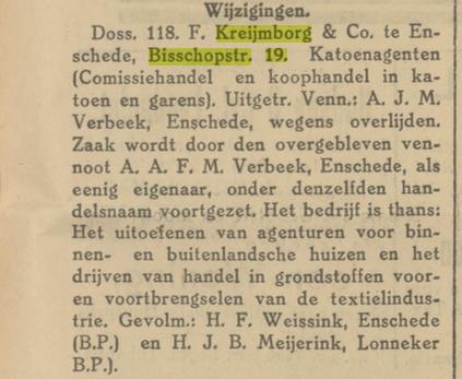 Bisschopstraat 19 F. Kreijmborg en Co. krantenbericht Tubantia 26-8-1927.jpg
