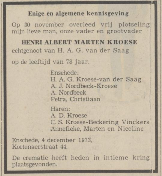 Kortenaerstraat 44 H.A.M. Kroese overlijdensadvertentie 4-12-1973.jpg