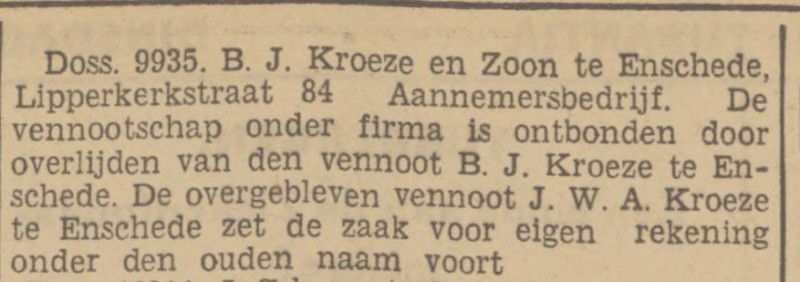 Lipperkerkstraat 84 Aannemersbedrijf B.J. Kroeze en Zoon krantenbericht Tubantia 26-3-1940.jpg