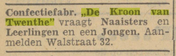 Walstraat 32 Confectiefabriek De Kroon van Twenthe Advertentie. Twentsch dagblad Tubantia en Enschedesche courant. Enschede, 23-03-1940.jpg