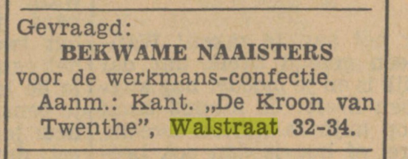 Walstraat 32-34 De Kroon van Twenthe Advertentie. Twentsch dagblad Tubantia en Enschedesche courant. Enschede, 16-02-1935.jpg