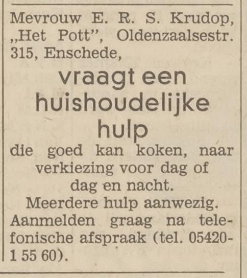 Oldenzaalsestraat 315 Het Pott. Mevr. E.R.S. Krudop advertentie Tubantia 5-4-1967.jpg