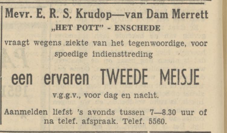 Oldenzaalsestraat 315 Het Pott. Mevr. E.R.S. Krudop-van Dam Merrett advertentie Tubantia 1-9-1951.jpg
