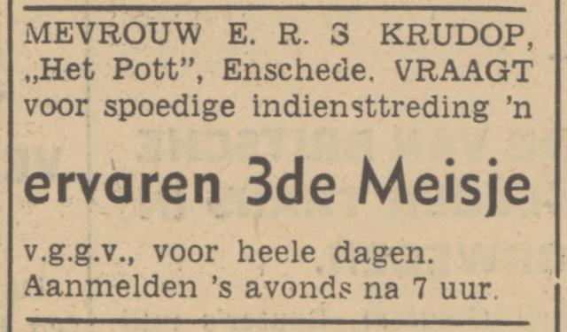 Oldenzaalsestraat 315 Het Pott. Mevr. E.R.S. Krudop advertentie Tubantia 17-4-1940.jpg