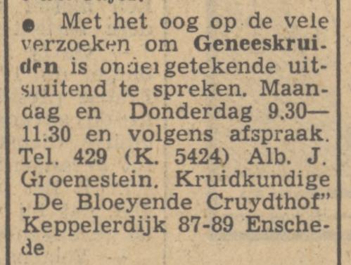 Keppelerdijk 87-89 Alb. J. Groenestein Kruidkundige. De Bloeyende Cruydthof advertentie Tubantia 14-9-1949.jpg