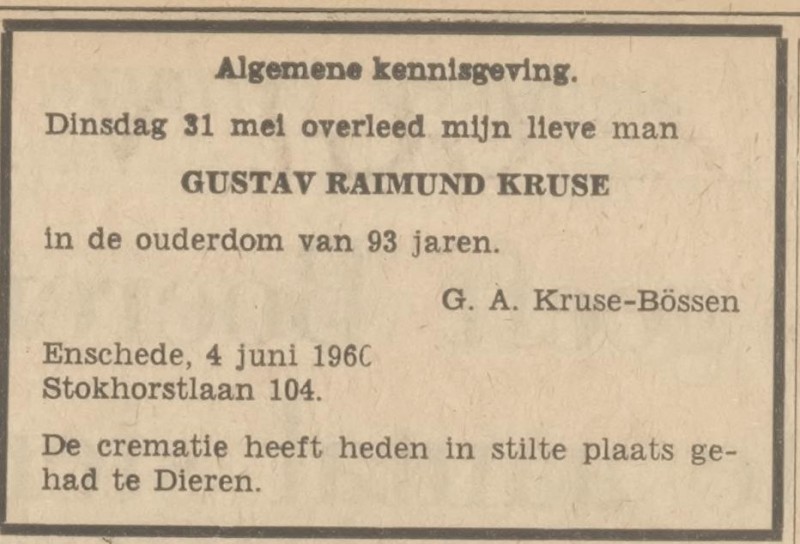Stokhorstlaan 104 G.R. Kruse overlijdensadvertentie Tubantia 4-6-1966.jpg