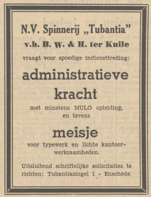 Tubantiasingel 1 N.V. Spinnerij Tubantia v.h. B.W. & H. ter Kuile advertentie Tubantia 15-5-1951.jpg