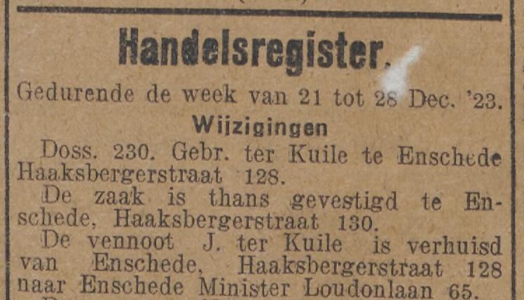 Haaksbergerstraat 130 Gebr. ter Kuile krantenbericht Twentsche Courant 5-1-1924.jpg