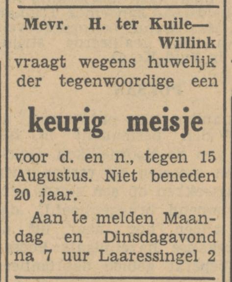 Laaressingel 2 Mevr. H. ter Kuile-Willink advertentie Tubantia 23-6-1951.jpg