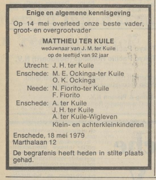 Marthalaan 12 Matthieu ter Kuile overlijdensadvertentie NRC Handelsblad 18-5-1979.jpg