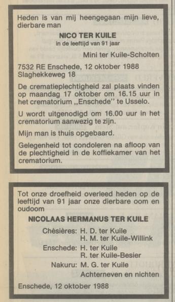 Slaghekkeweg 18 Nico ter Kuile overlijdensadvertentie NRC Handelsblad 14-10-1988.jpg
