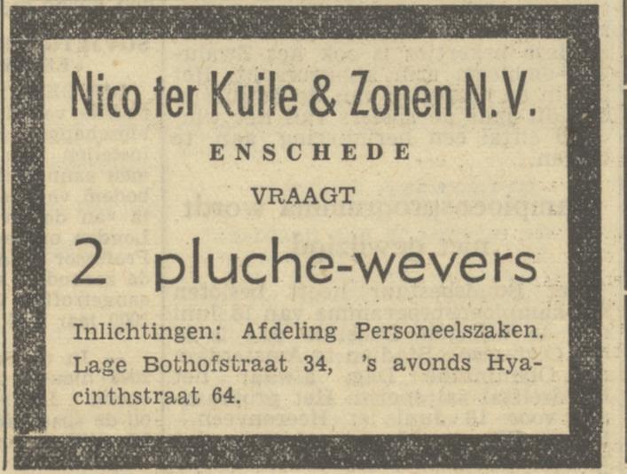 Lage Bothofstraat 34  Nico ter Kuile & Zonen N.V advertentie Tubantia 11-5-1950.jpg