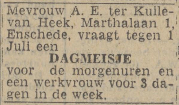 Marthalaan 1 Mevr. A.E. ter Kuile-van Heek advertentie Twentsch nieuwsblad 16-6-1943.jpg