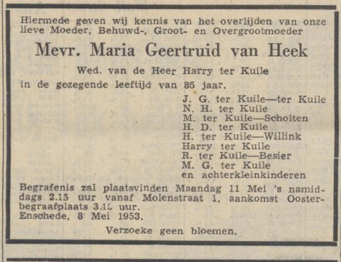 Molenstraat 1 M.G. ter Kuile-van Heek overlijdensadvertentie Trouw 9-5-1953.jpg