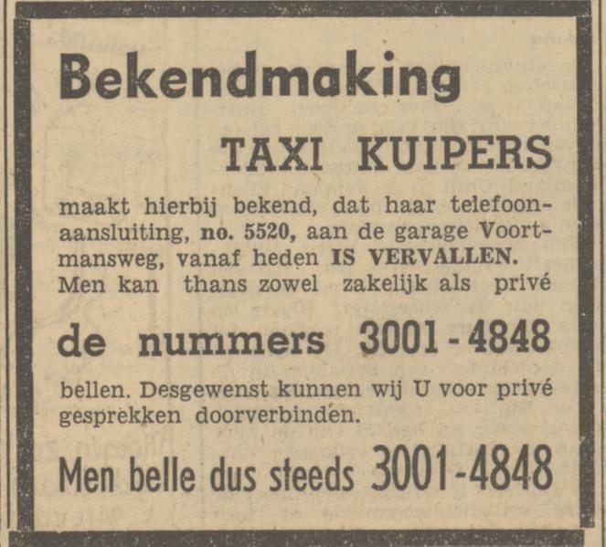 Voortmansweg Taxi Kuipers advertentie Tubantia 111-11-1950.jpg