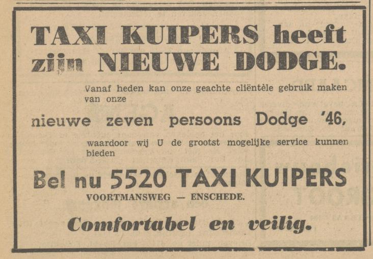 Voortmansweg Taxi Kuipers advertentie Tubantia 18-1-1947.jpg