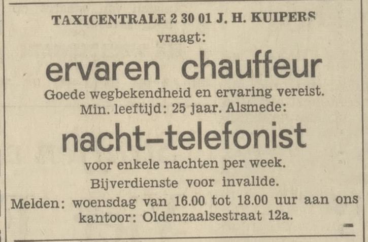 Oldenzaalsestraat 12a J.H. Kuipers taxicentrale advertentie Tubantia 9-6-1968.jpg