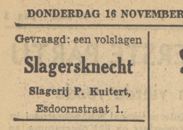 Esdoornstraat 1 slagerij P. Kuitert advertentie Tubantia 16-11-1950.jpg