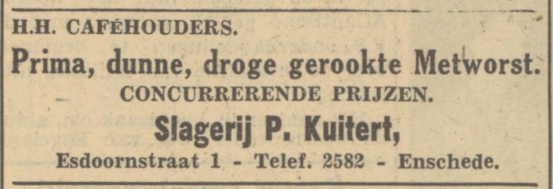 Esdoornstraat 1 slagerij P. Kuitert advertentie Tubantia 17-12-1949.jpg