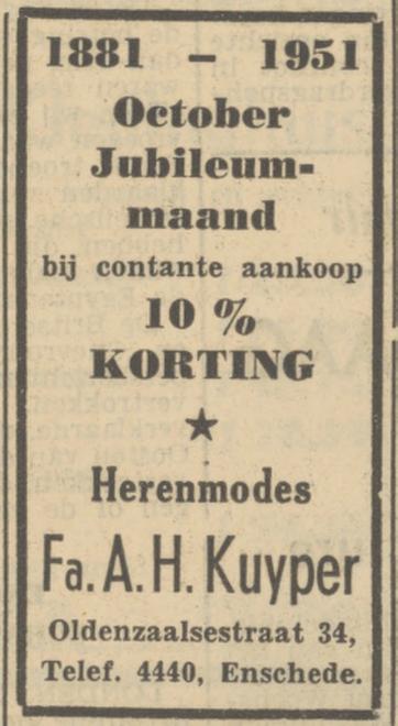 Oldenzaalsestraat 34 Fa. A.H. Kuyper advertentie Tubantia 19-10-1951.jpg