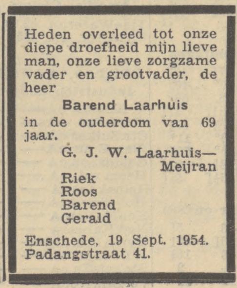 Padangstraat 41 B. Laarhuis overlijdensadvertentie Algemeen Handelsblad 20-9-1954.jpg