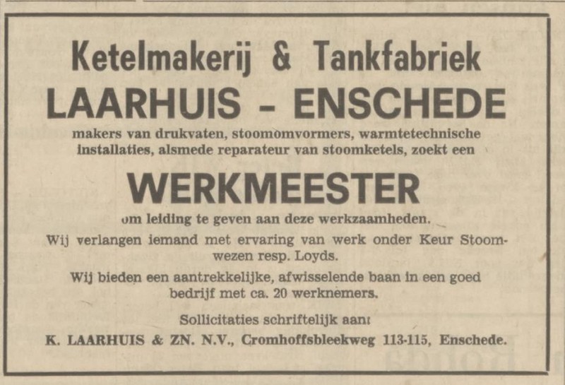 Cromhoffsbleekweg 113-115 K. Laarhuis & Zn. advertentie Tubantia 20-4-1970.jpg