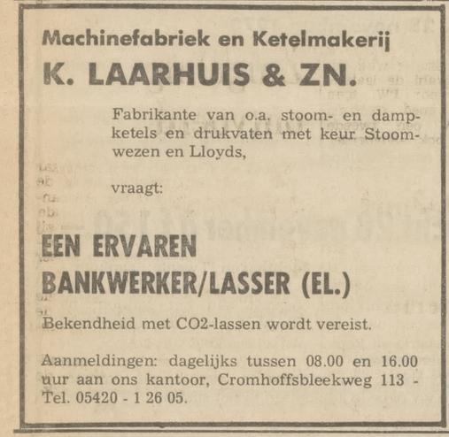 Cromhoffsbleekweg 113 K. Laarhuis & Zn. advertentie Tubantia 19-11-1973.jpg