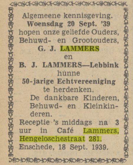 Hengelosestraat 281 cafe Lammers Twentsch dagblad Tubantia en Enschedesche courant. Enschede, 18-09-1939.jpg