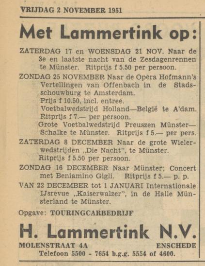 Molenstraat 4A Touringcarbedrijf H. Lammertink N.V. advertentie Tubantia 2-11-1951.jpg