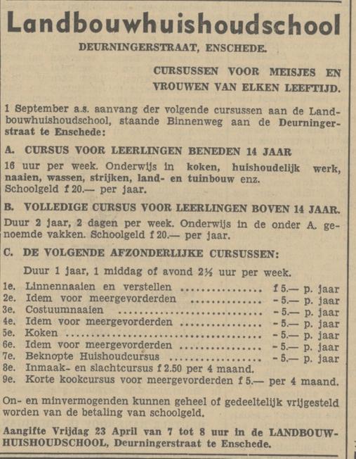 Deurningerstraat 18a Landbouwhuishoudschool advertentie Tubantia 21-4-1937.jpg