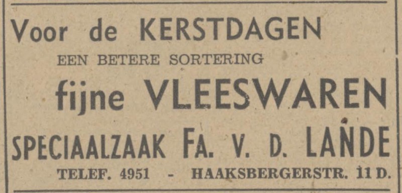 Haaksbergerstraat 11d Firma van de Lande advertentie Tubantia 20-12-1947.jpg