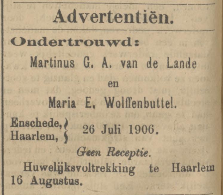 M.E. van de Lande -Wolffenbuttel advertentie Tubantia 285-7-1906.jpg