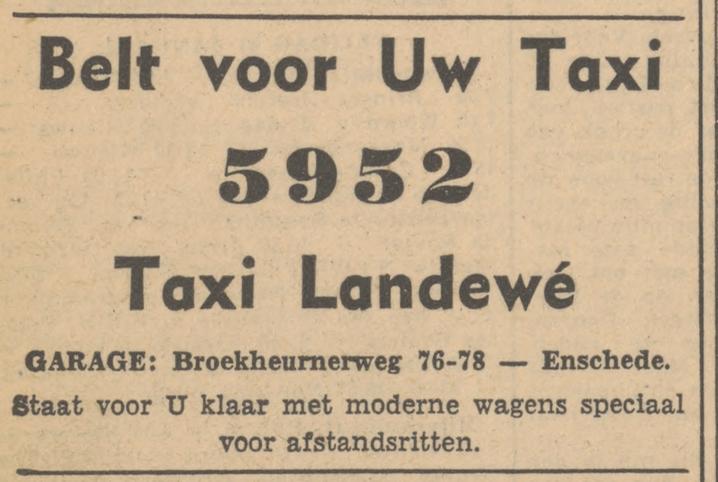 Broekheurnerweg 76-78 Taxi Landewe advertentie Tubantia 30-1-1947.jpg