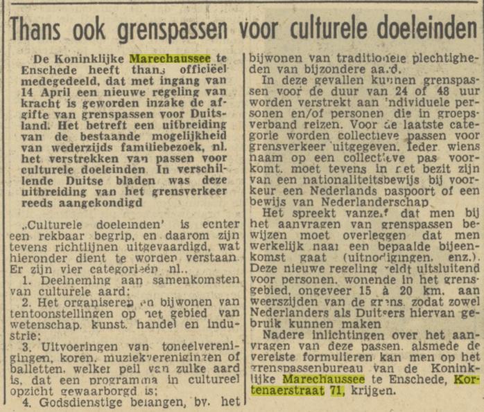 Kortenaerstraat 71 Koninklijke Marechaussee krantenbericht Tubantia 15-4-1950.jpg