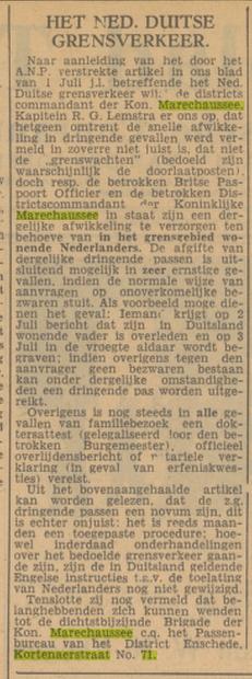 Kortenaerstraat 71 Koninklijke Marechaussee krantenbericht Tubantia 3-7-1947.jpg