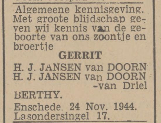 Lasondersingel 17 H.J. Jansen van Doorn advertentie Twentsch nieuwsblad 25-11-1944.jpg