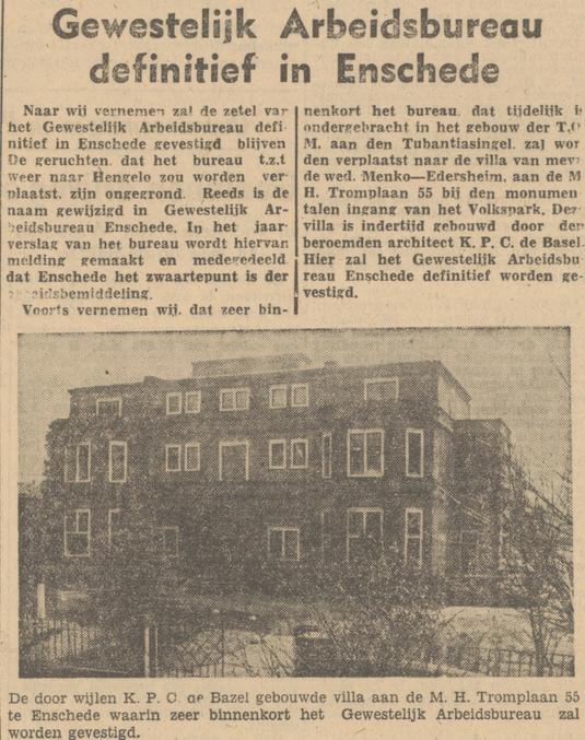 M.H. Tromplaan 55 Gewestelijk Arbeidsbureau krantenbericht Tubantia 26-3-1947.jpg