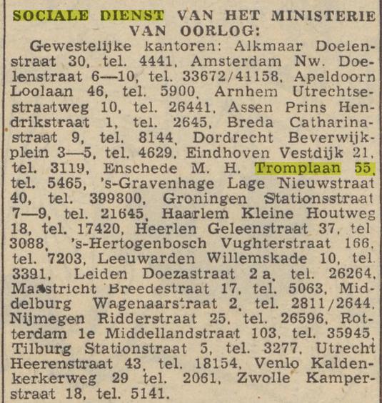 M.H. Tromplaan 55 Sociale Dienst Ministerie van Oorlog krantenbericht Trouw 28-7-1949.jpg
