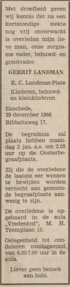 Ribbeltsweg 17 G. Landman overlijdensadvertentie Tubantia 30-12-1966.jpg
