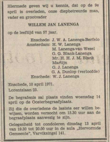 Lorentzlaan 23 W.J. Lanenga overlijdensadvertentie Tubantia 10-4-1971.jpg