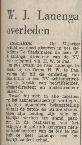 W.J. Lanenga overleden. krantenbericht Tubantia 10-4-1971.jpg