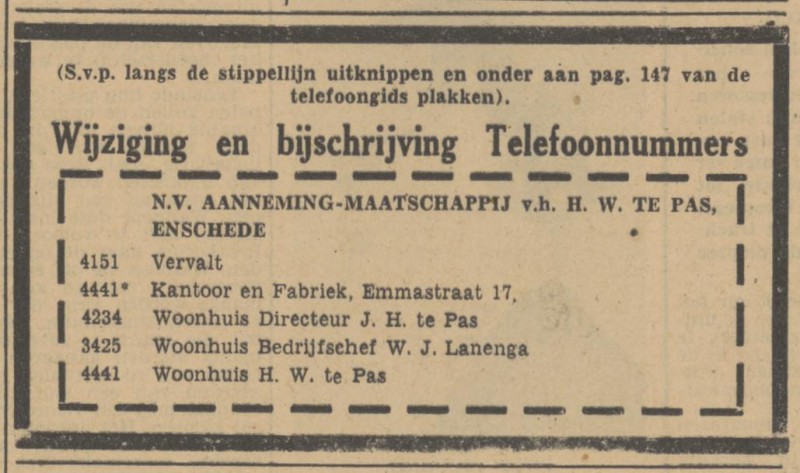 Emmastraat 17 N.V. Aanneming Mij. v.h. H.W. te Pas. W.J. Lanenga advertentie Tubantia 11-10-1947.jpg