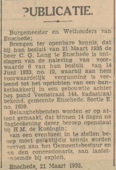 Veenstraat 144 C.G. Lang Banketbakkerij krantenbericht Tubantia 22-3-1935.jpg