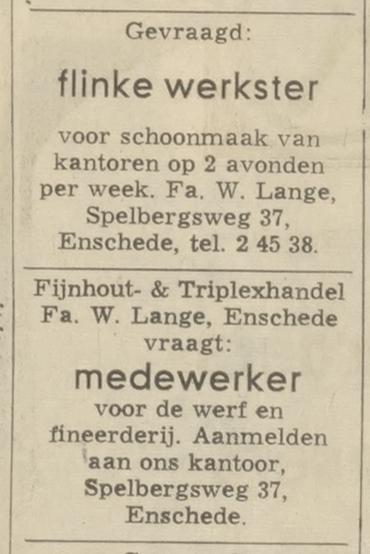 Spelbergsweg 37 Fijnhout en Triplexhandel Fa. W. Lange advertentie Tubantia 11-4-1970.jpg