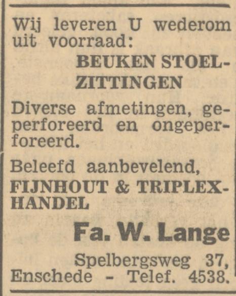 Spelbergsweg 37 Fijnhout en Triplexhandel Fa. W. Lange advertentie Tubantia 15-1-1949.jpg