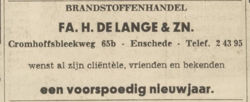 Cromhoffsbleekweg 65b Brandstoffenhandel H. de Lange advertentie Tubantia 30-12-1967.jpg