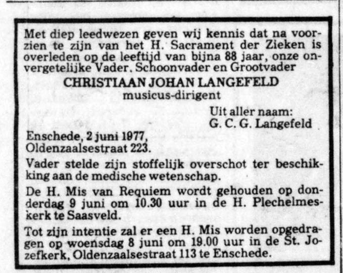 Oldenzaalsestraat 223 C.J. Langefeld overlijdensadvertentie De Telegraaf 7-6-1977.jpg