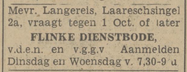 Laaressingel 2a Mevr. Langereis advertentie Tubantia 22-9-1942.jpg