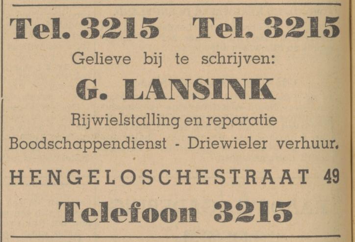 Hengelosestraat 49 G. Lansink rijwielstalling advertentie Tubantia 20-11-1940.jpg