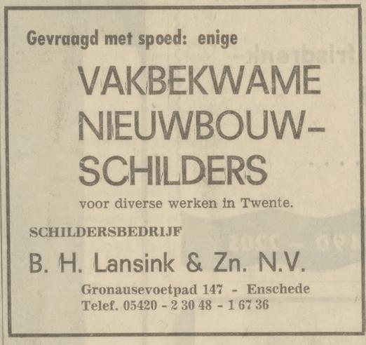 Gronausevoetpad 147 Schildersbedrijf B.H. Lansink & Zn. N.V. advertentie Tubantia 13-6-1969.jpg